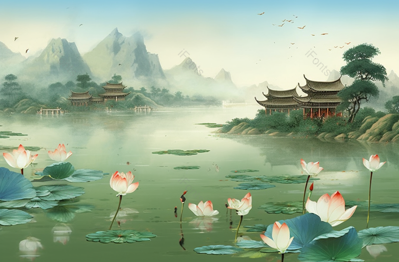 青绿山水远处高山池塘边的荷叶荷花风景画,插画/手绘图,插画/手绘图库,插画/手绘图下载,插画/手绘